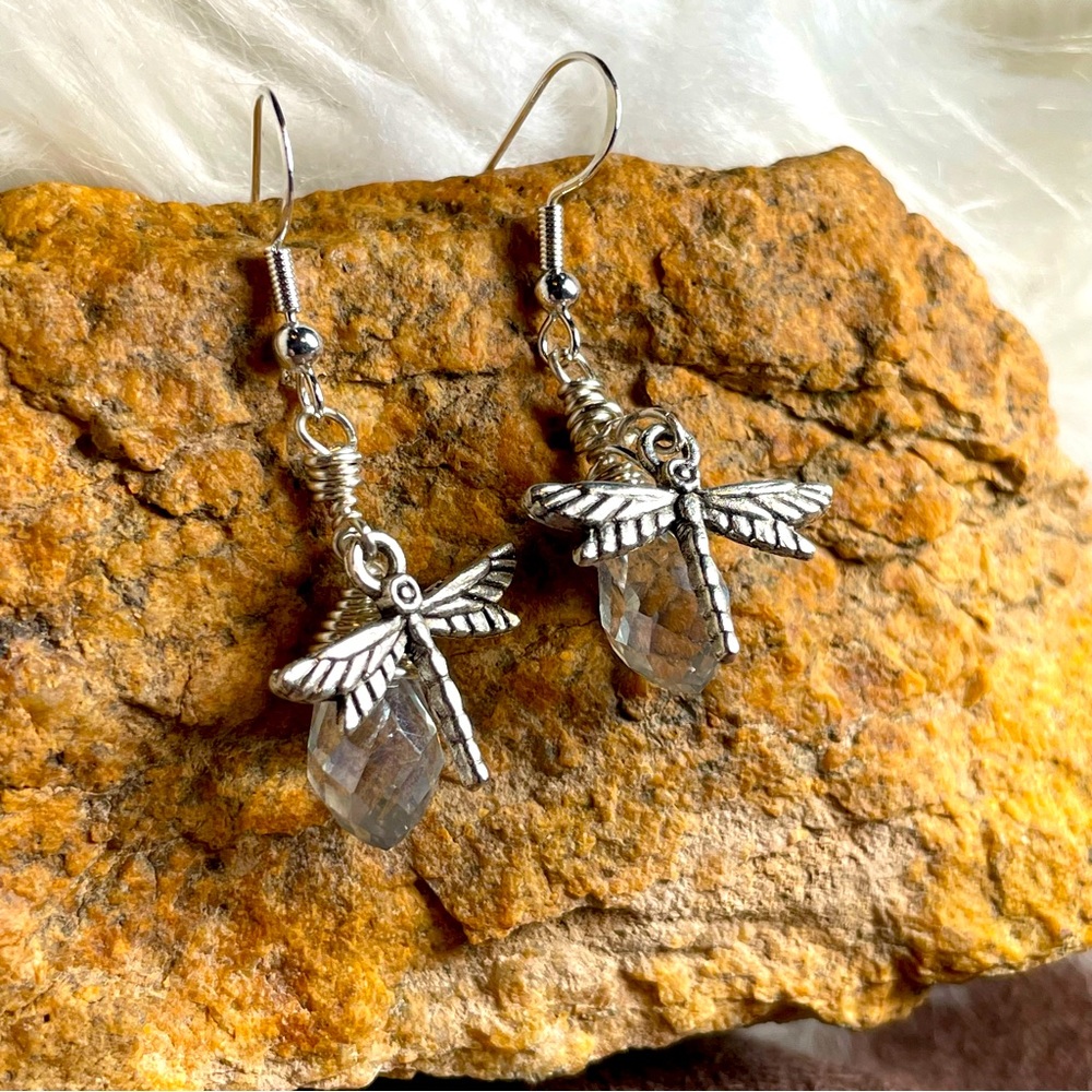 Handmade Silver Sparkling 
Crystal Dragonfly 
Earrings Boho Cottagecore - Picture 4 of 17